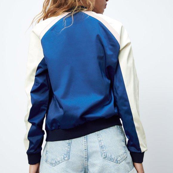 ZARA GLOSSY BOMBER JACKET - NAVY BLUE & APPLE GREEN XS - Picture 6 of 6